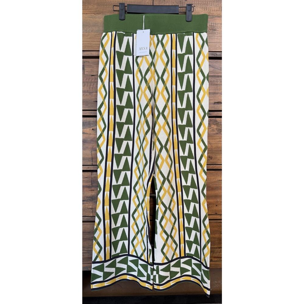 Misa Los Angeles Rialta Pants  Sz L Green Geometric Knit Wide Leg Stretch NWT